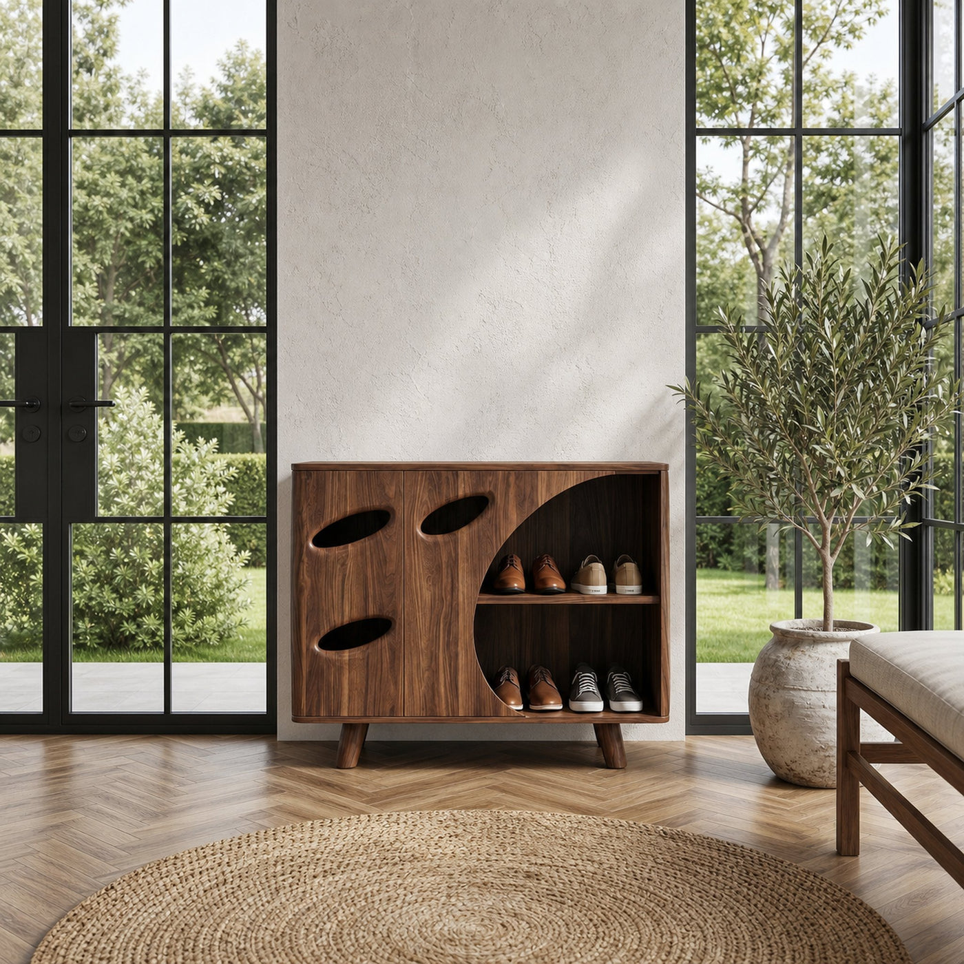 Mid Century Shoe Cabinet Organic Cutout Design For Entryway - product view 7
