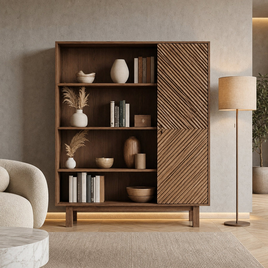 Mid Century Slatted Storage Cabinet For Living Room And Dining Room