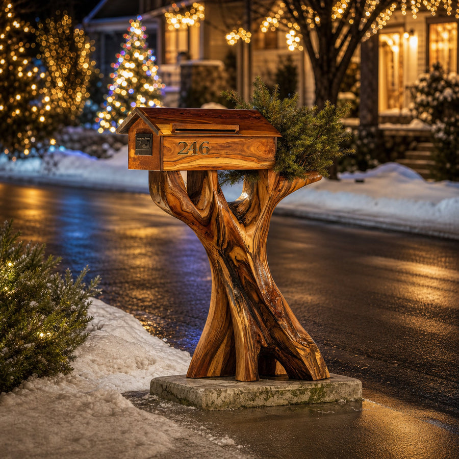 Mid Century Solid Wood Sculpture Mailbox For Patio Outdoor Decor