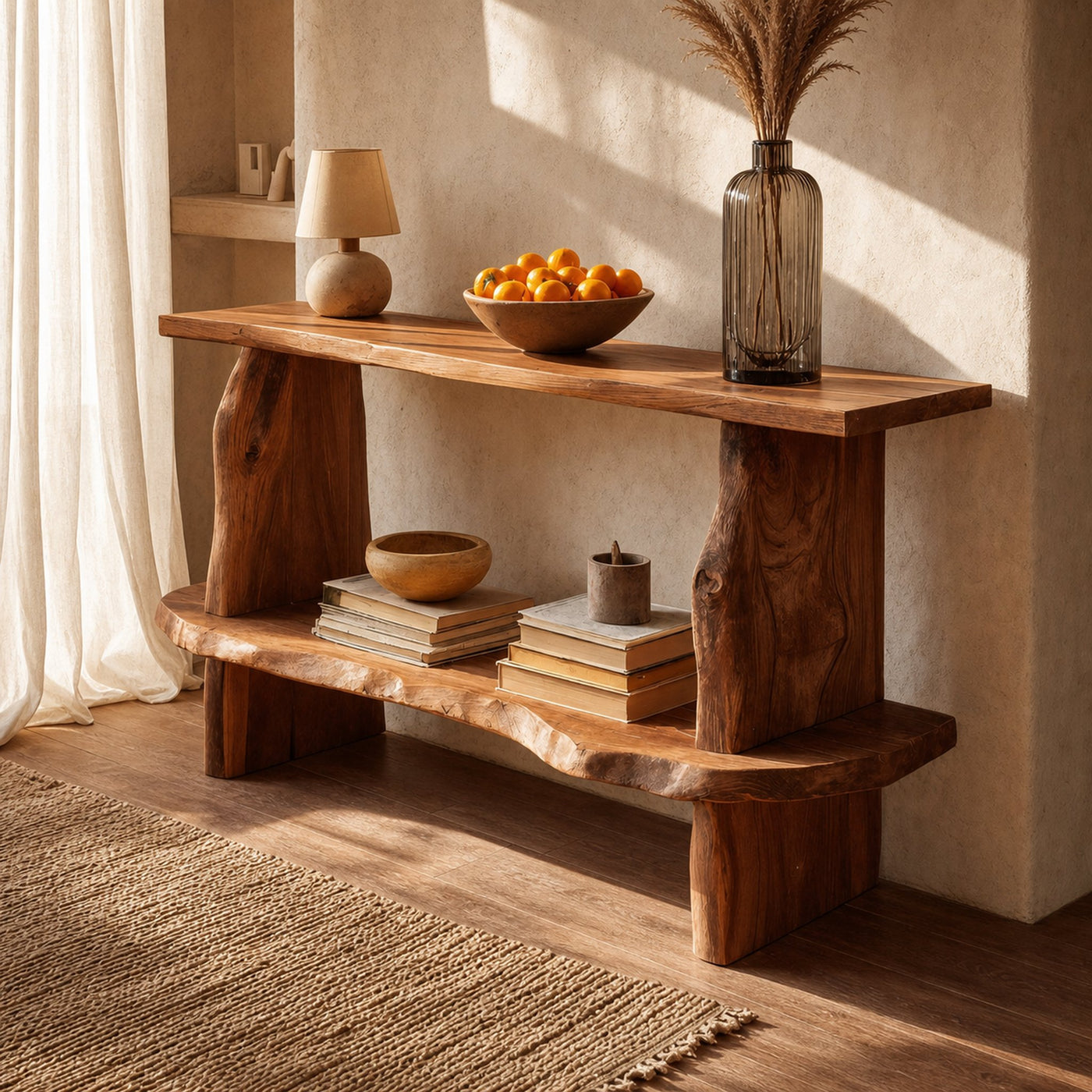 Mid Century Wooden Live Edge Standing Shelf For Living Room Storage Decor