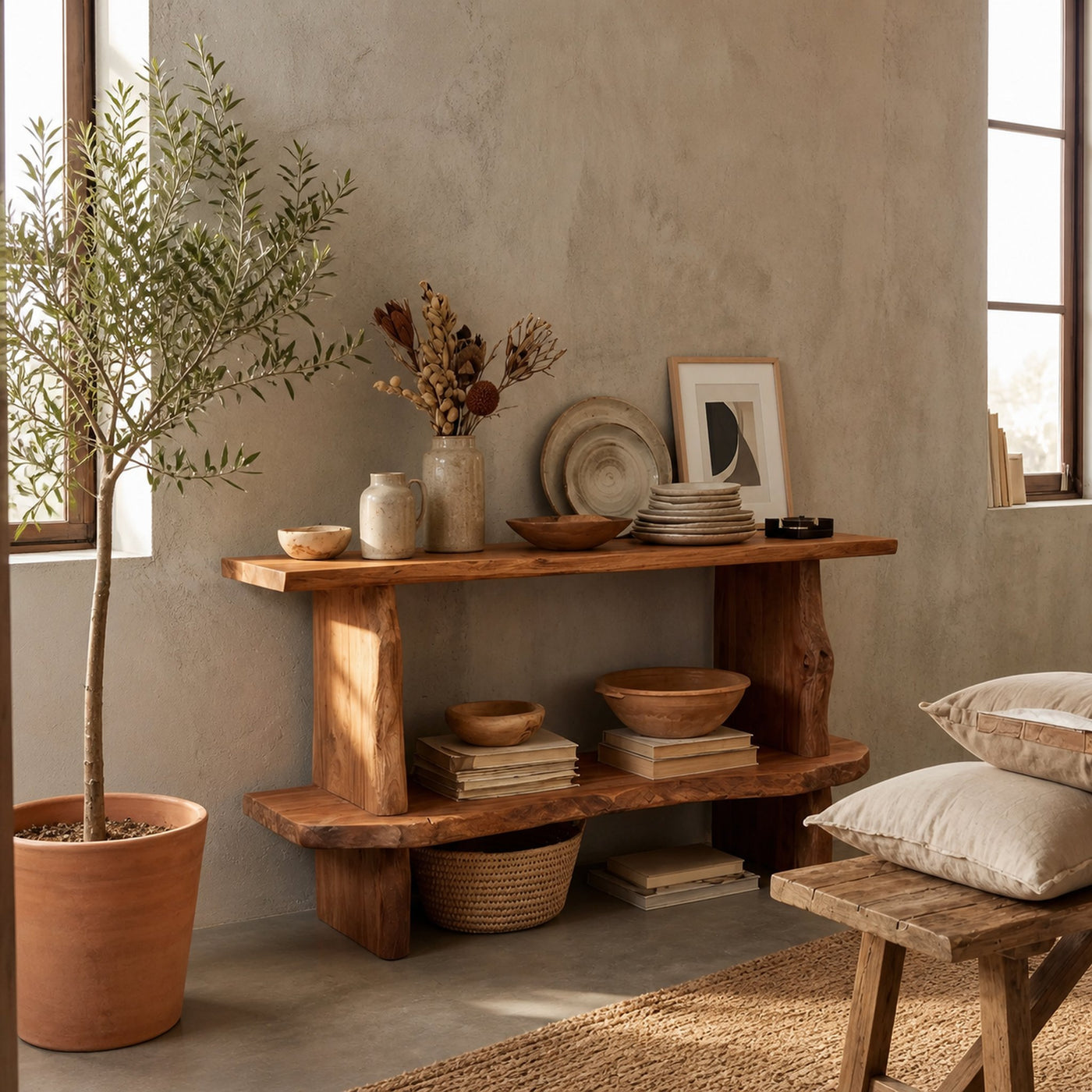 Mid Century Wooden Live Edge Standing Shelf For Living Room Storage Decor - product view 6
