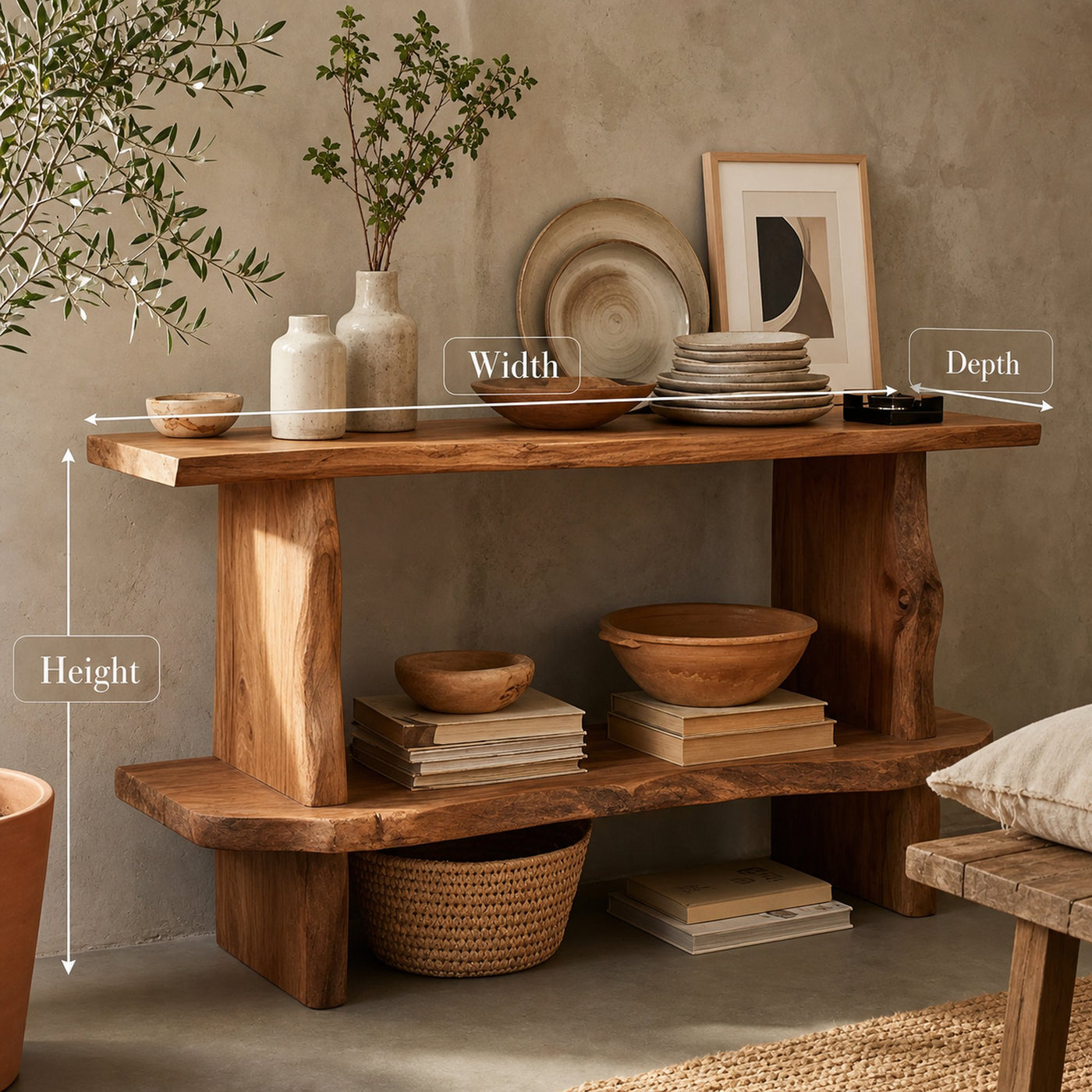 Mid Century Wooden Live Edge Standing Shelf For Living Room Storage Decor - product view 7