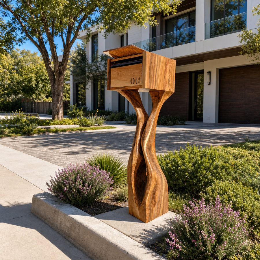 Mid Century Wooden Sculpture Mailbox For Outdoor Furniture Accent