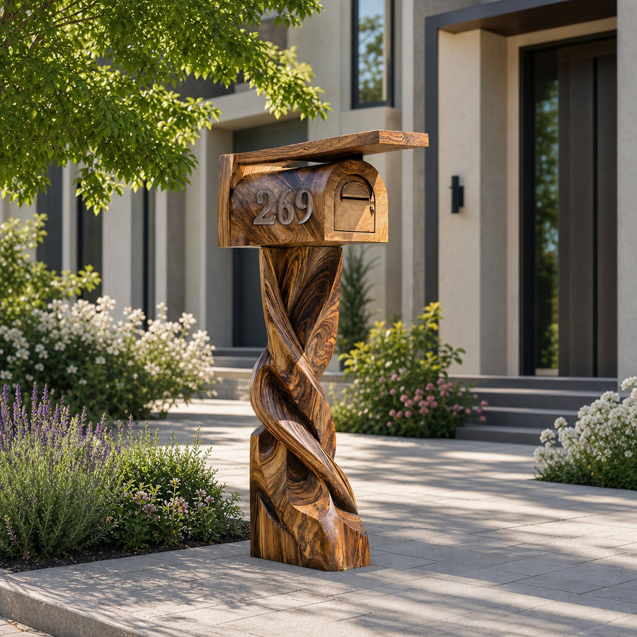 Mid Century Wooden Sculpture Mailbox For Patio Outdoor Decor