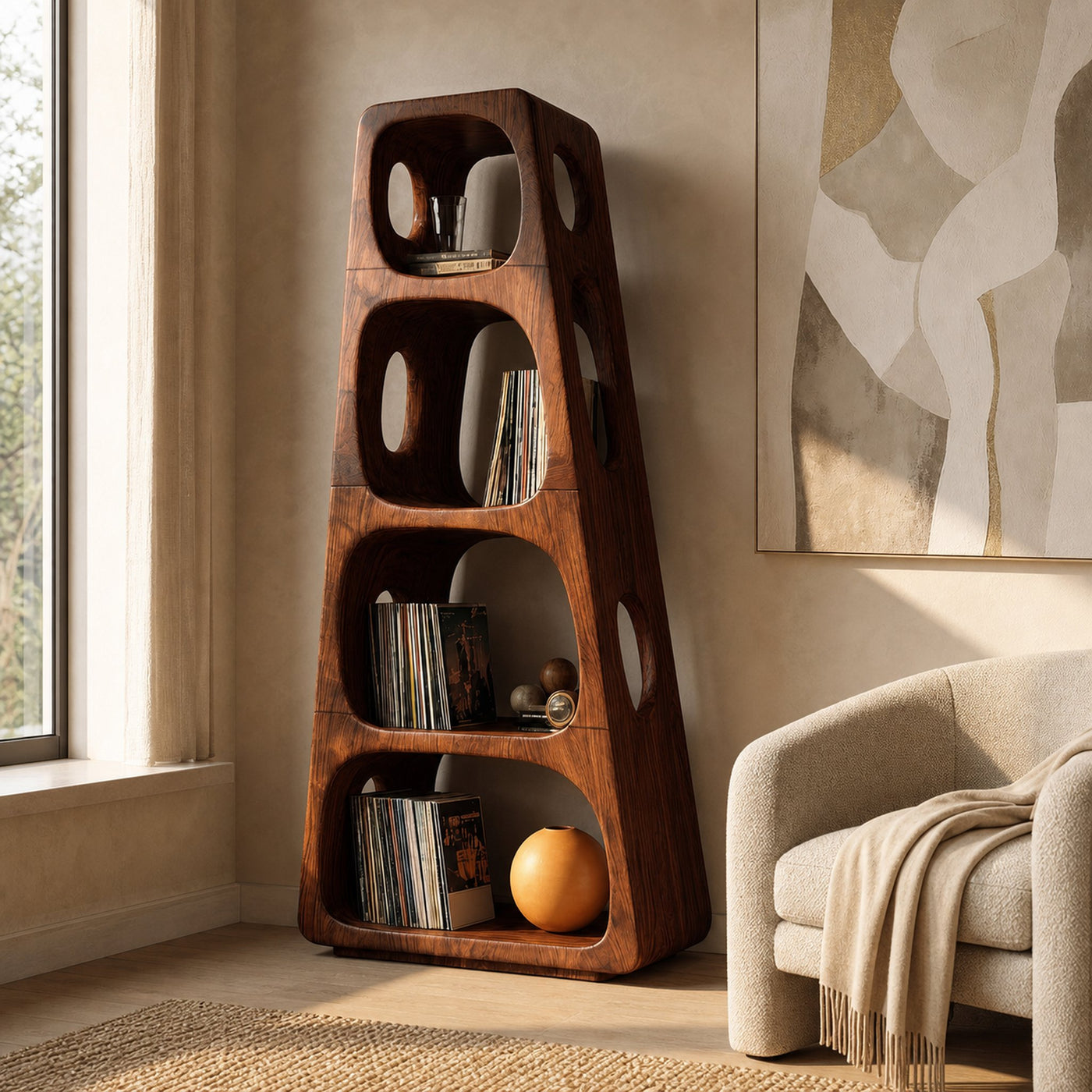 Mid Century Wooden Standing Shelf For Living Room