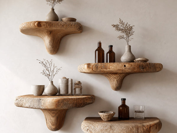 Midcentury Mushroom Floating Shelves Bedroom