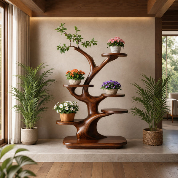 Midcentury Wooden Tree Plant Stand Home Interior