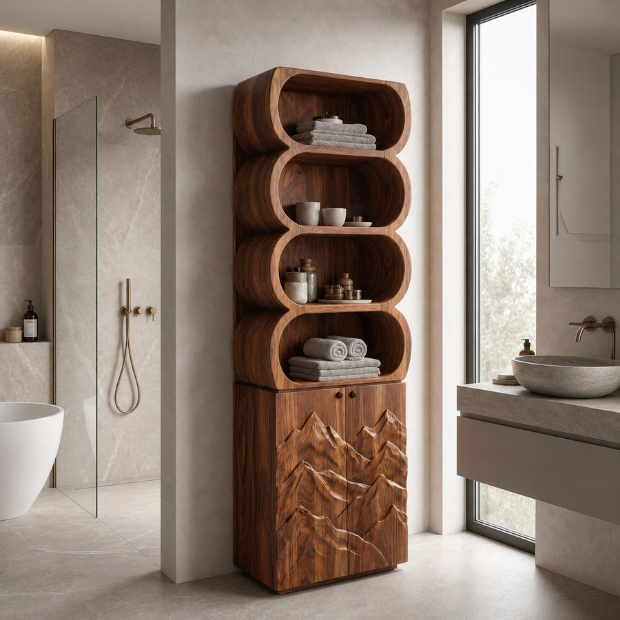 Minimal Bathroom Cabinet With Rounded Shelves And Sculpted Wooden Door
