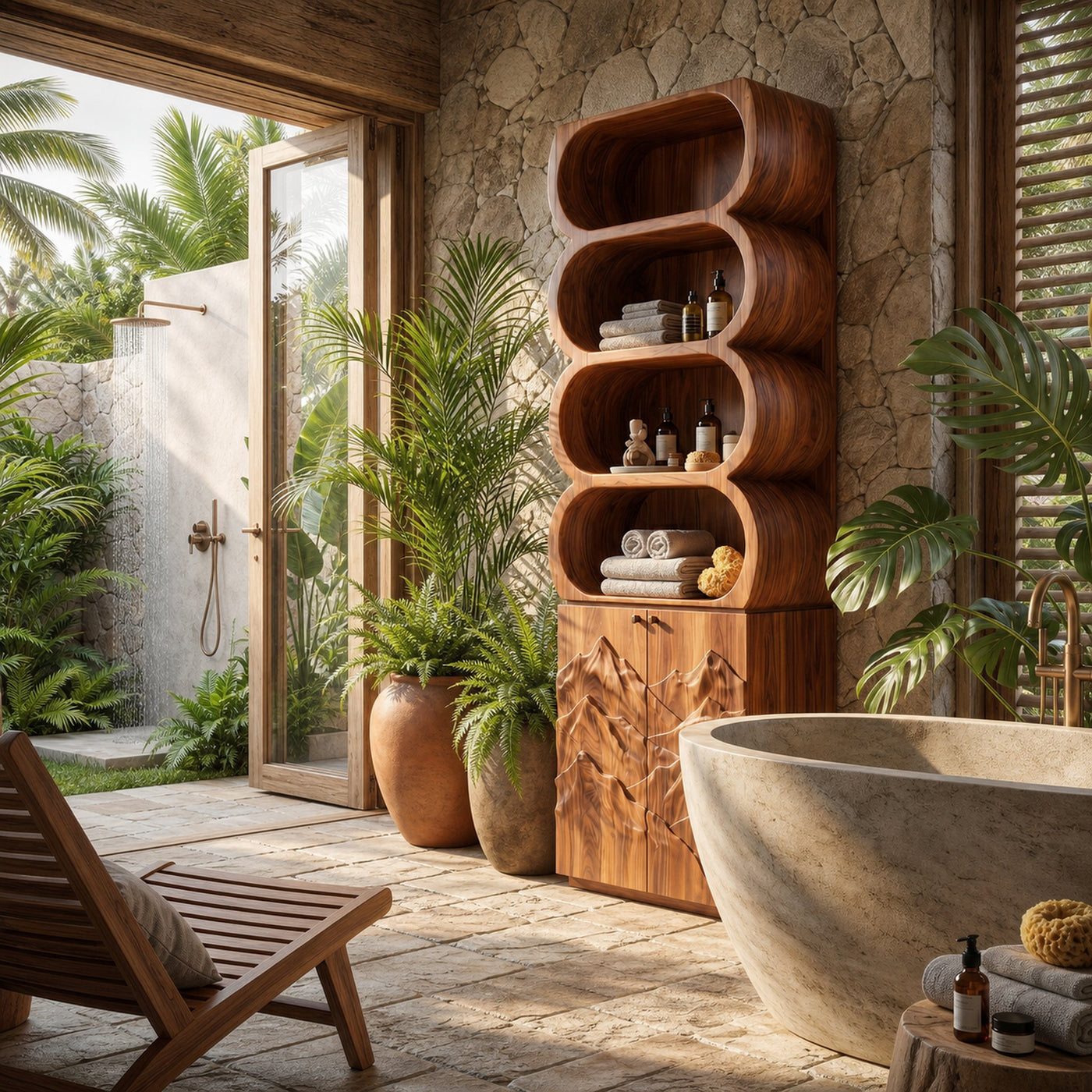 Minimal Bathroom Cabinet With Rounded Shelves And Sculpted Wooden Door - product view 6