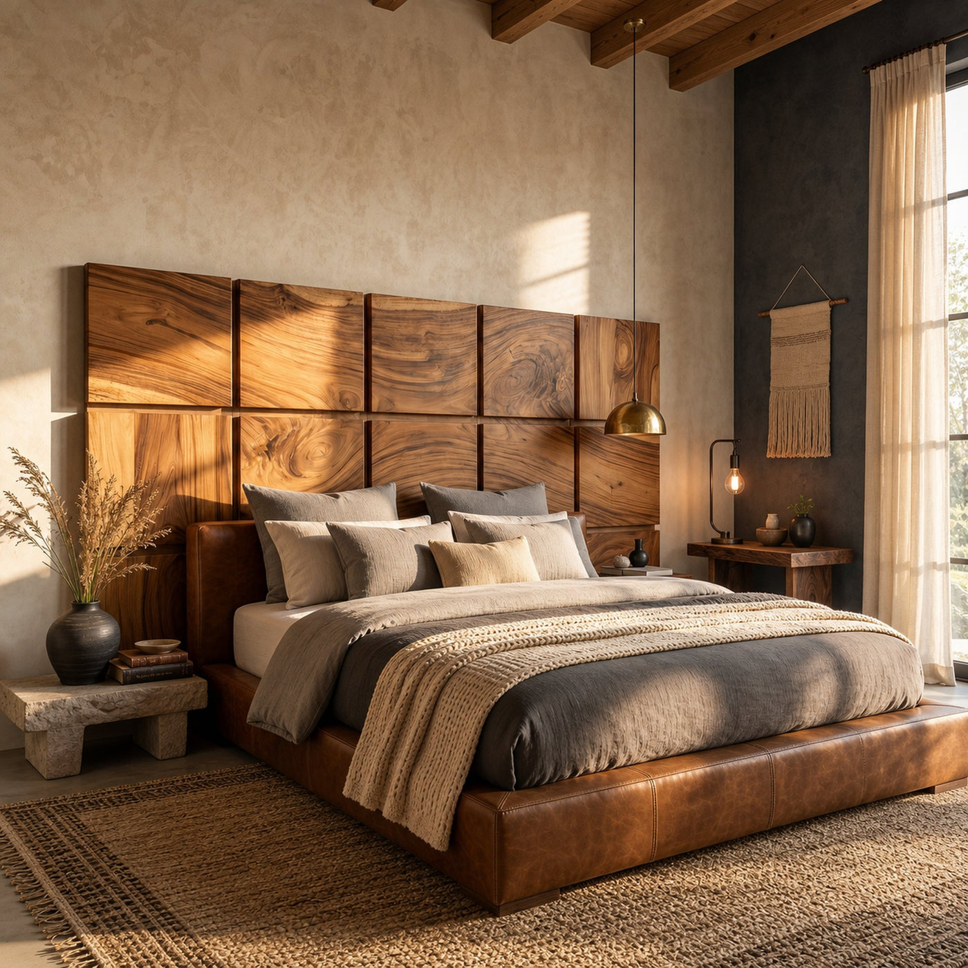 Minimal Grid Wood Headboard For Dark Contemporary Bedroom - product view 6