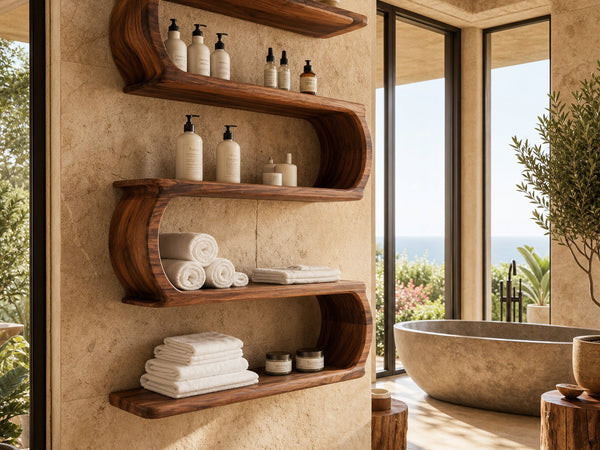 Minimal Natural Wood Floating Bathroom Shelves For Spa Decor