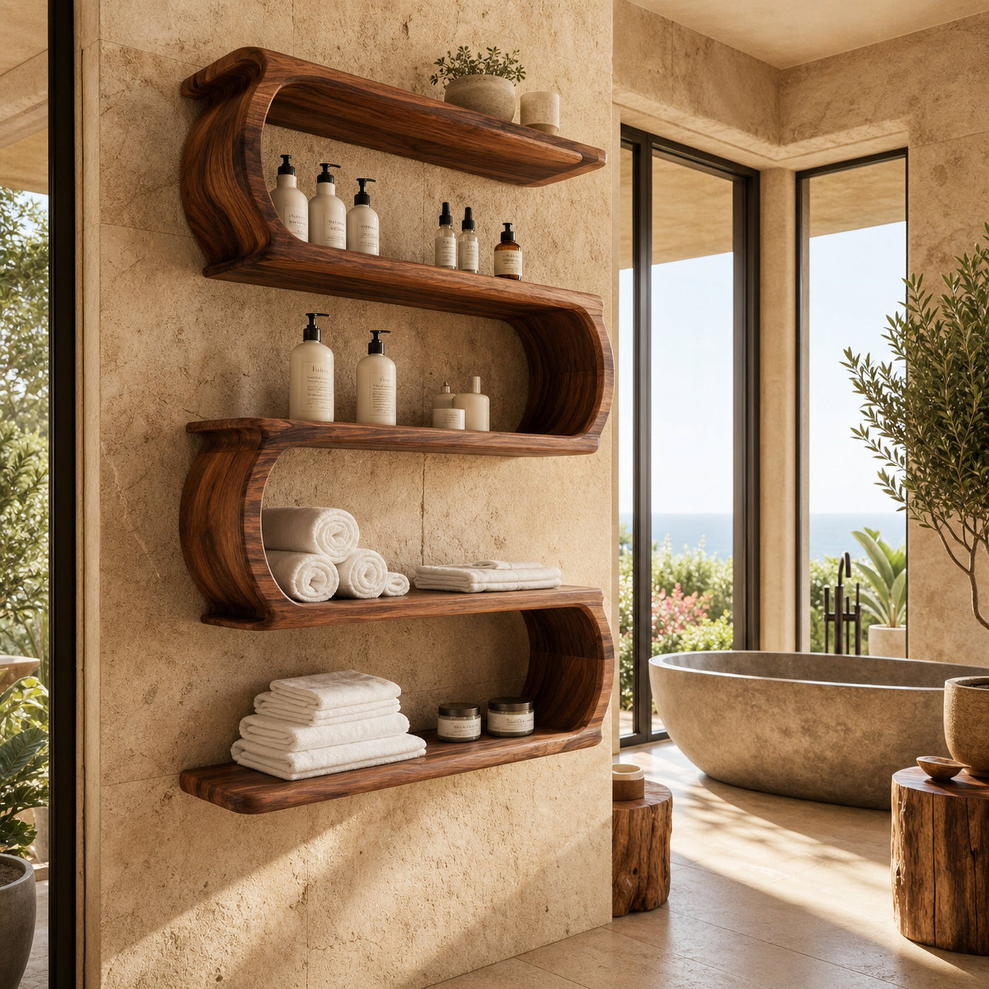 Minimal Natural Wood Floating Bathroom Shelves For Spa Decor