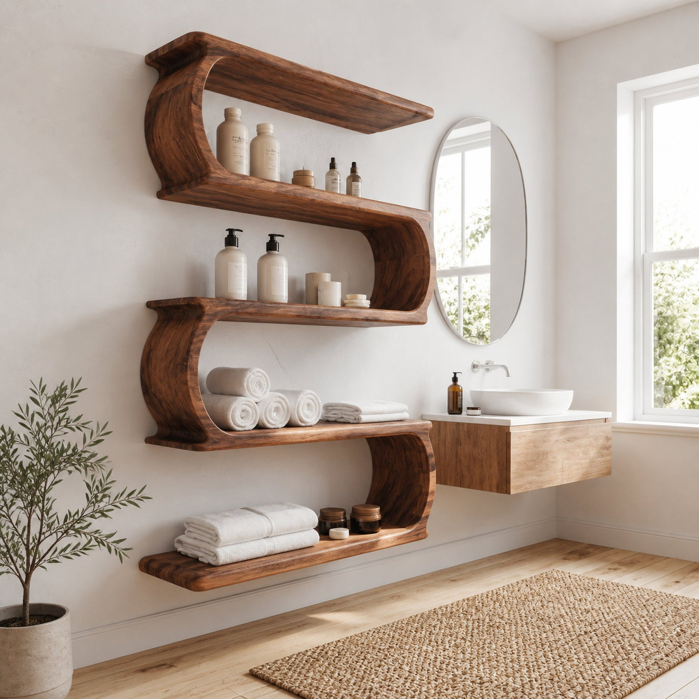 Minimal Natural Wood Floating Bathroom Shelves For Spa Decor - product view 6