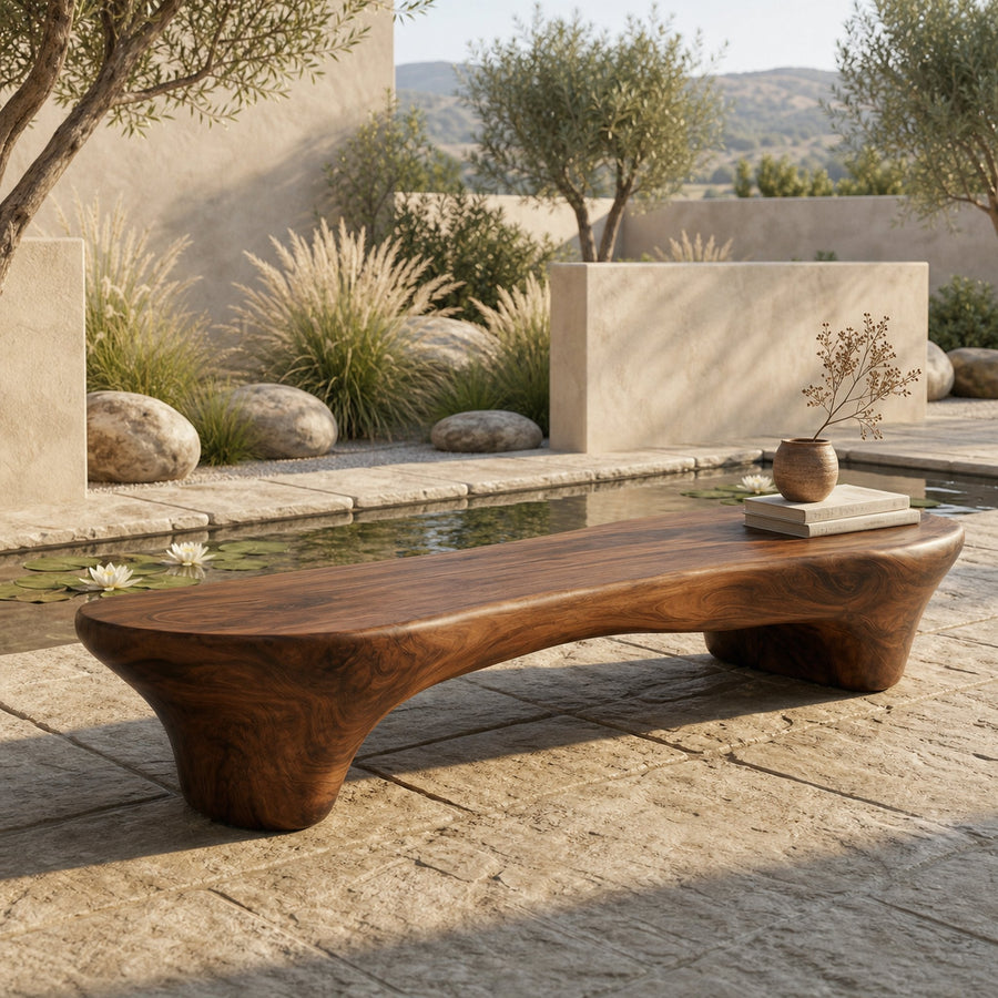 Minimal Organic Bench Solid Wood Smooth Rounded Form Entryway