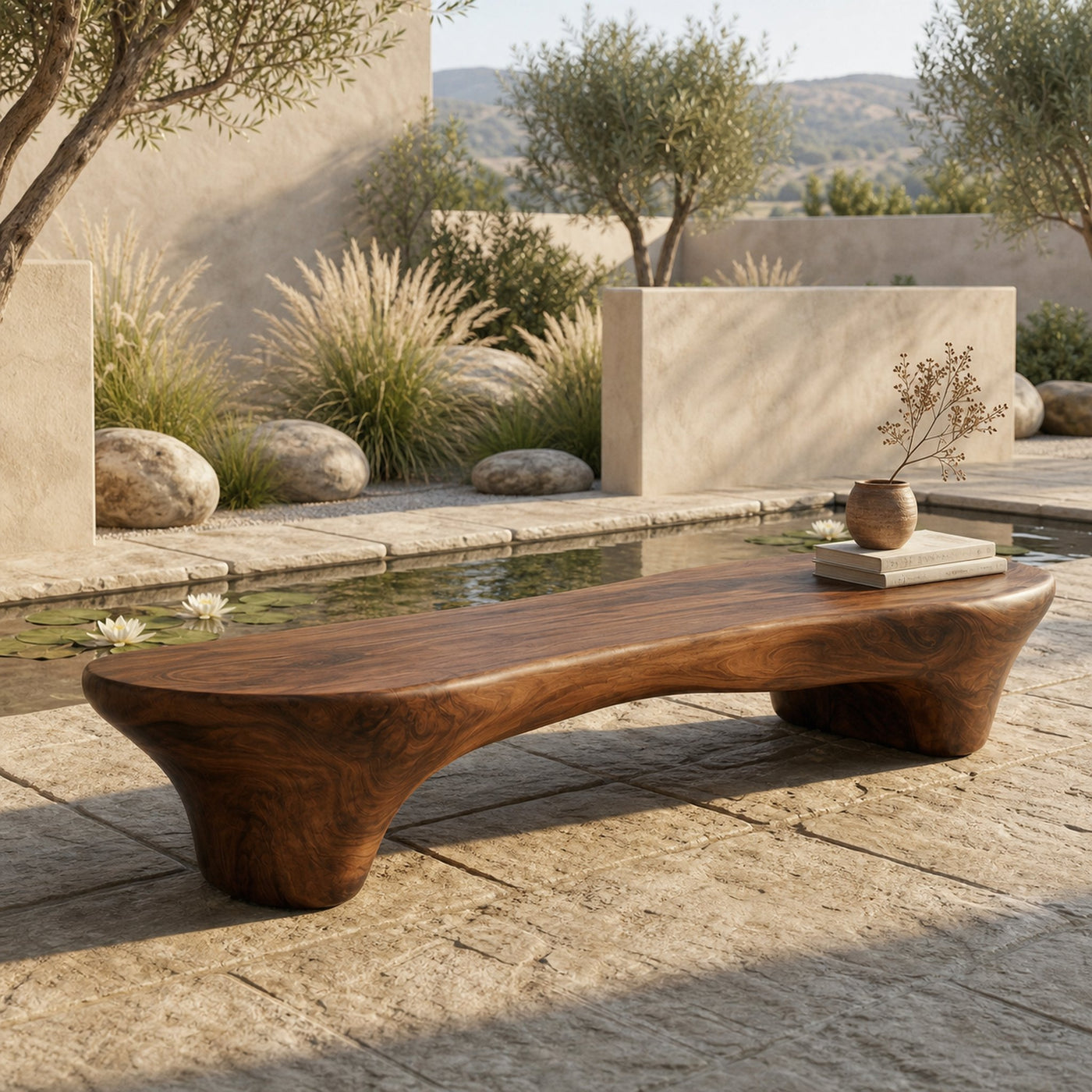 Minimal Organic Bench Solid Wood Smooth Rounded Form Entryway