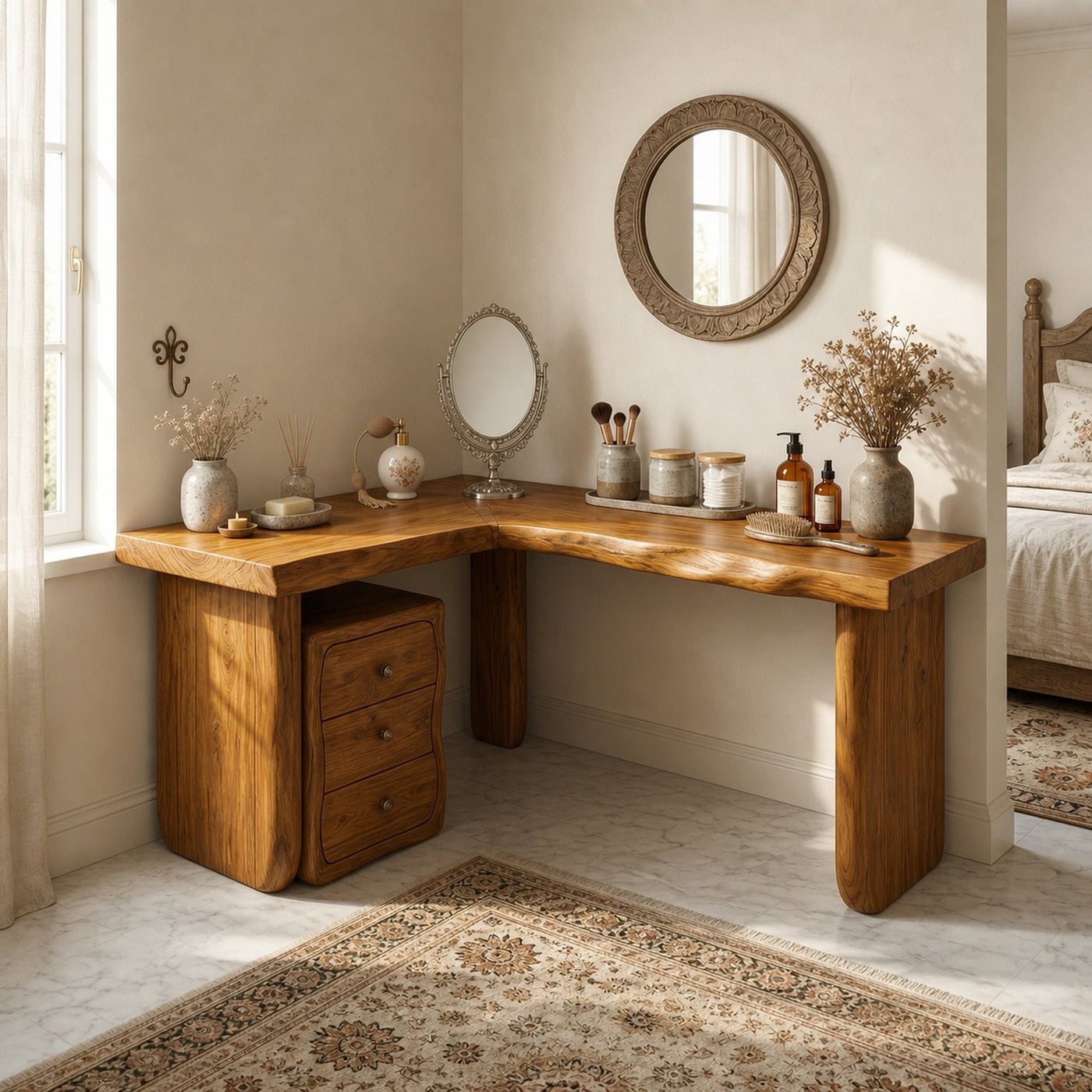 Minimal Organic Vanity Table Makeup Desk Corner L Shape Bedroom And Vanity Area - product view 6