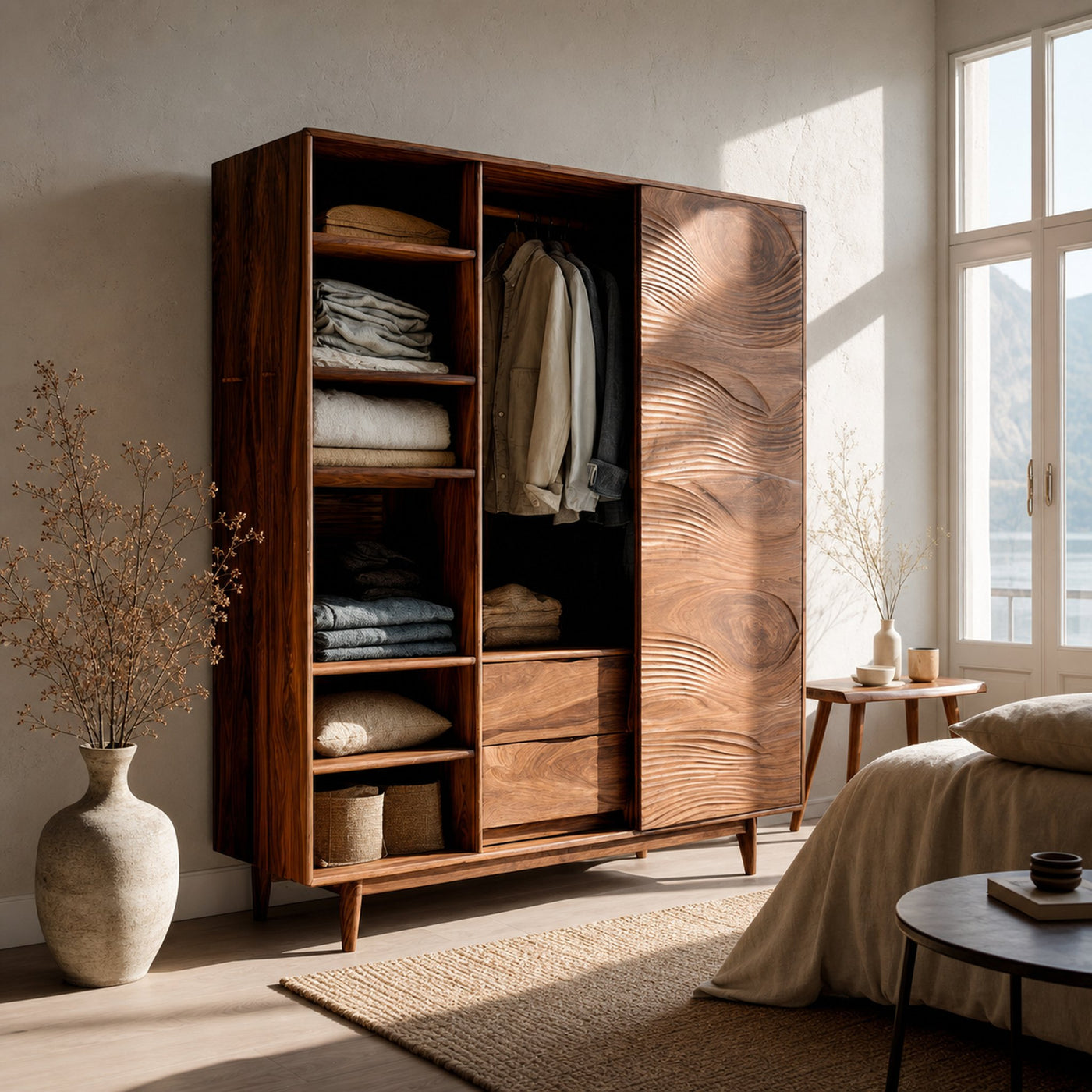 Minimal Wardrobe With Carved Front For Bedroom Space