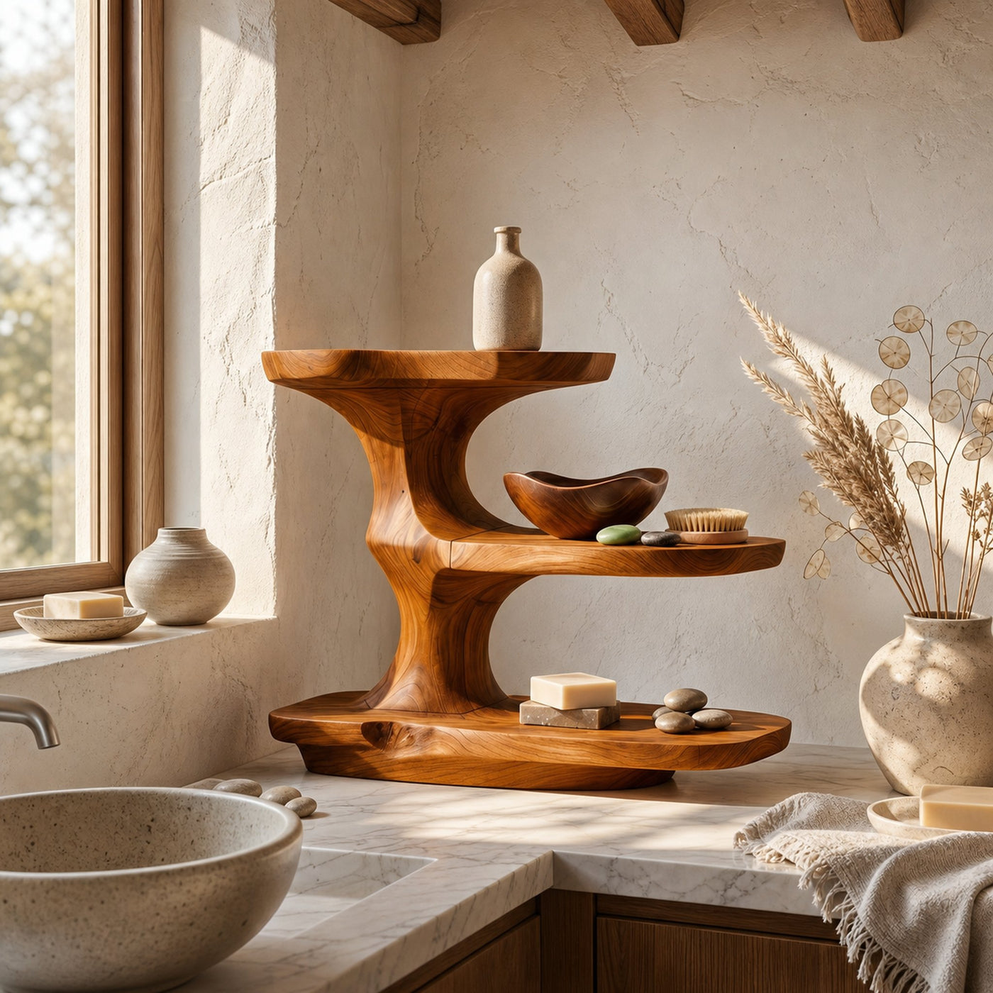 Minimalist Bathroom Shelf With Curved Wooden Storage - product view 6