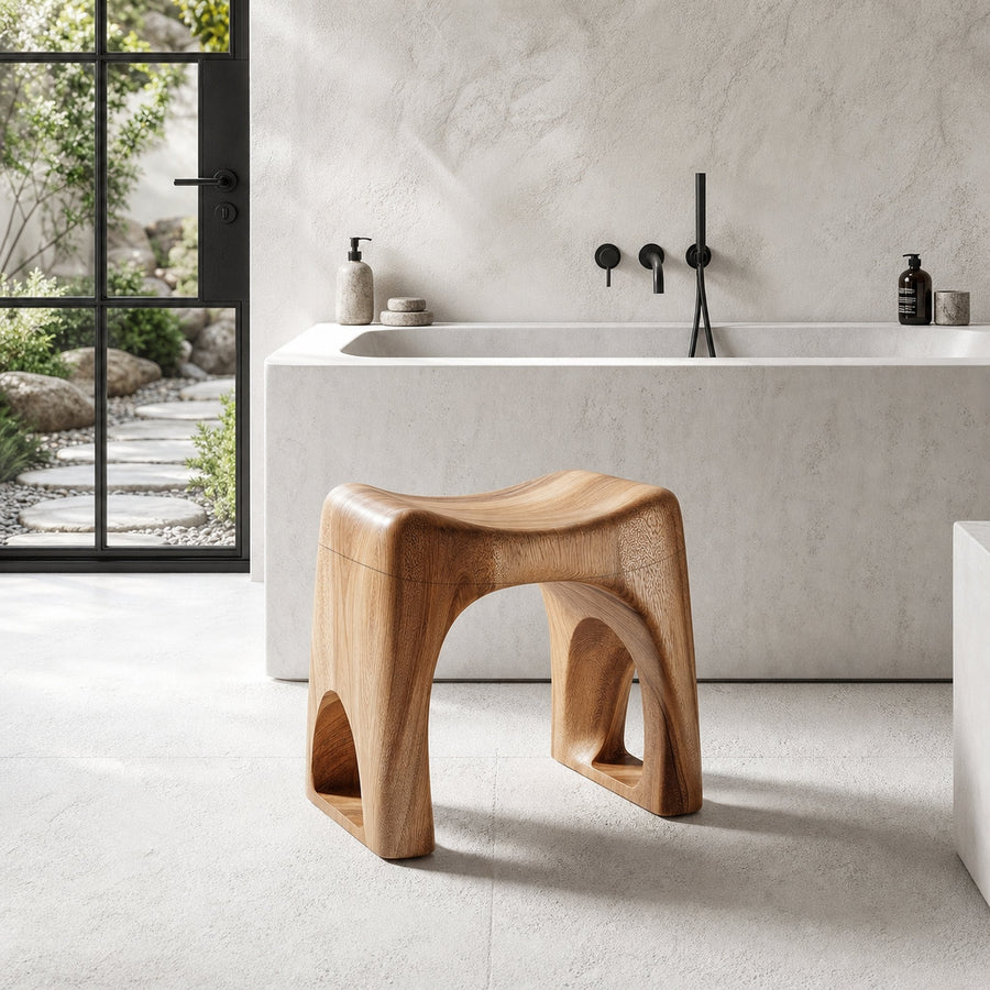 Minimalist Bathroom Stool With Organic Solid Wood Design For Bathroom