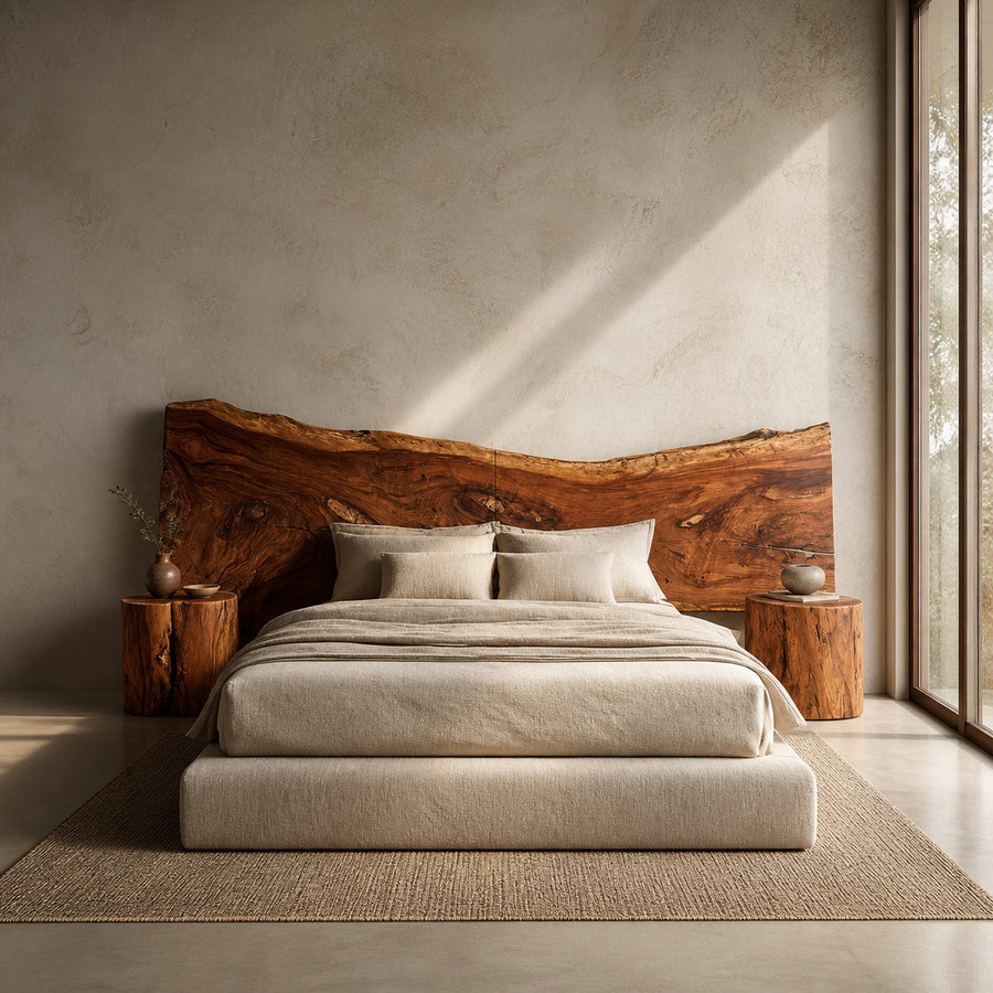 Minimalist Live Edge Wood Headboard For Organic Neutral Bedroom