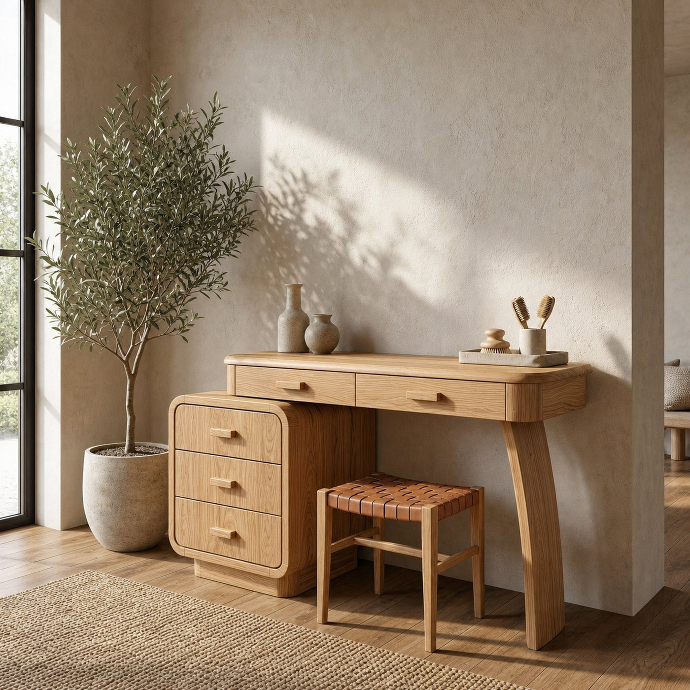 Minimalist Vanity Dressing Table With Storage Cabinet Curved Sculptural Design For Bedroom