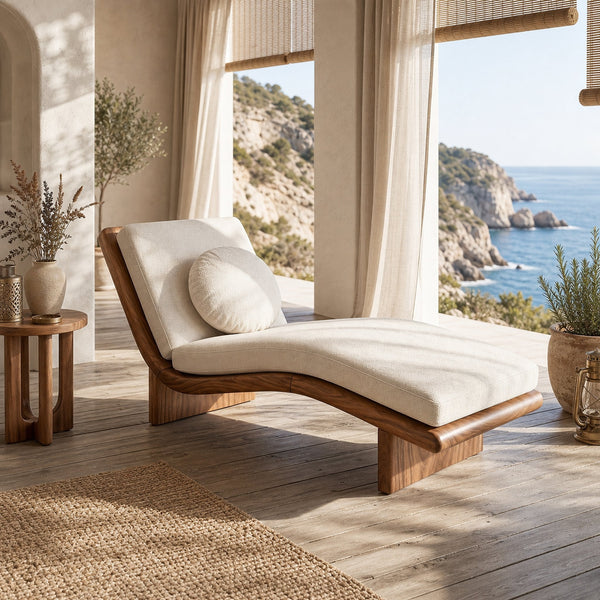 Minimalist Walnut Chaise Lounge Serene Coastal Retreat Living Space