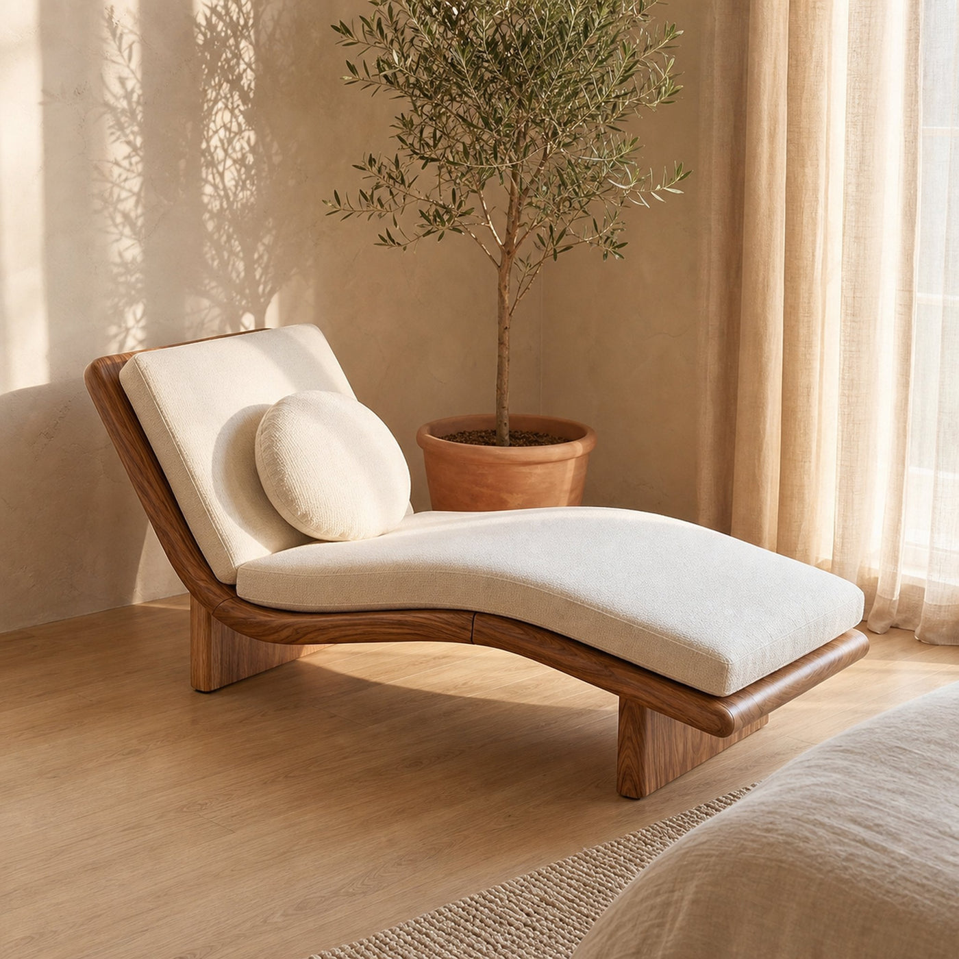 Minimalist Walnut Chaise Lounge Serene Coastal Retreat Living Space - product view 6