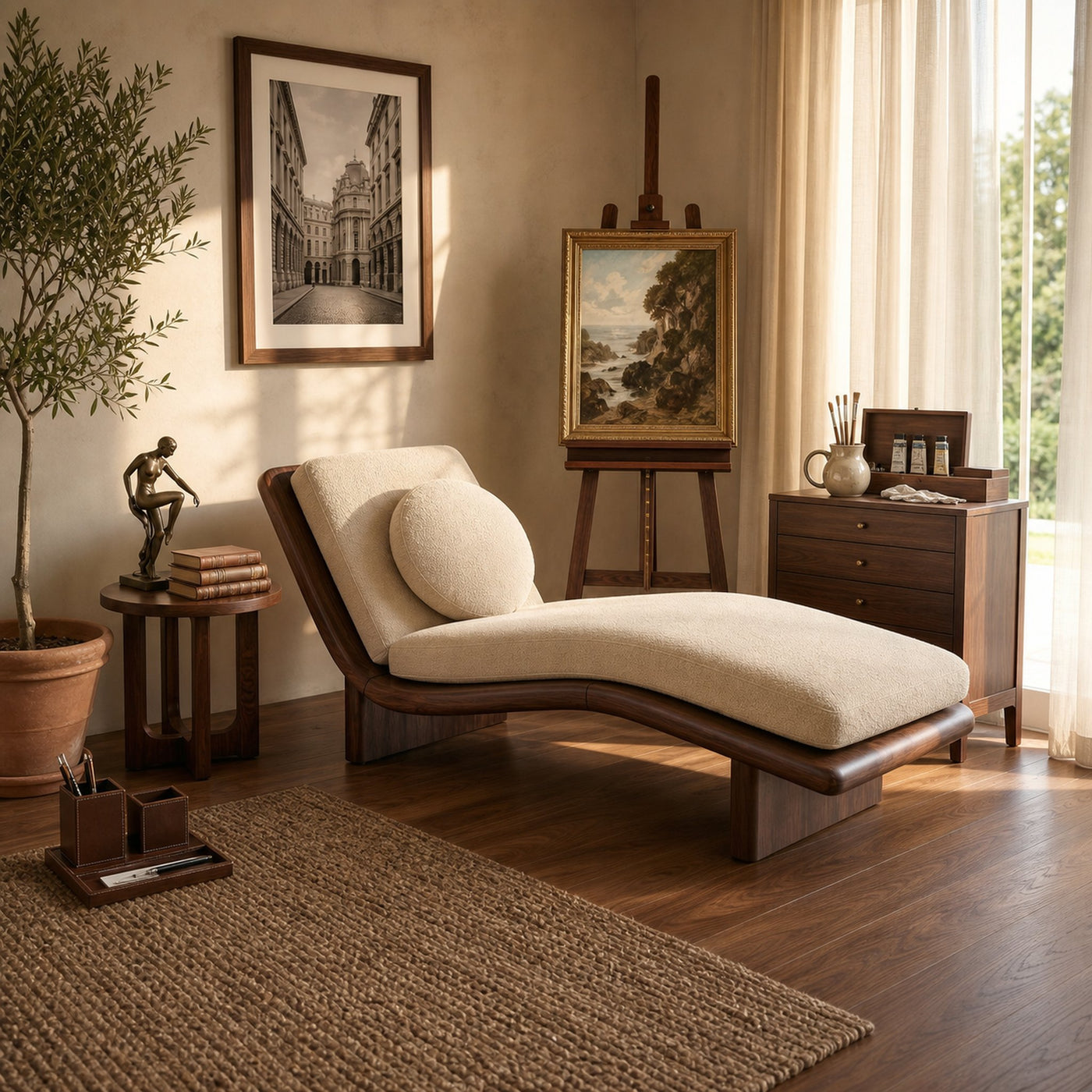 Minimalist Walnut Chaise Lounge Serene Coastal Retreat Living Space - product view 7