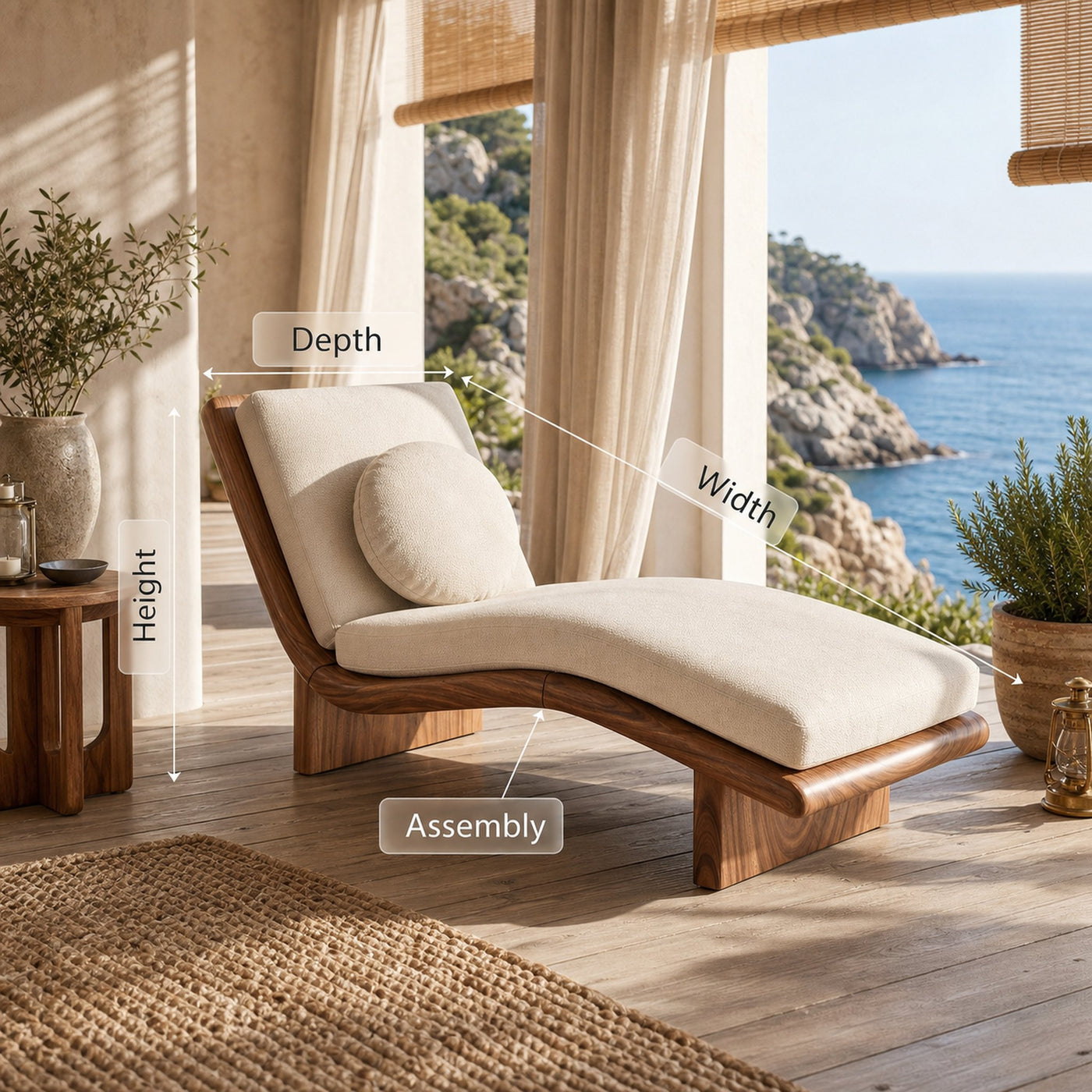 Minimalist Walnut Chaise Lounge Serene Coastal Retreat Living Space - product view 8