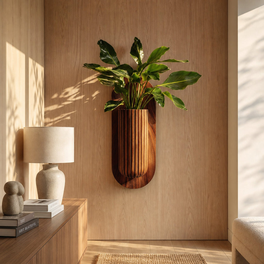 Minimalist Wood Wall Planter With Solid Wood Display Vessel For Plants