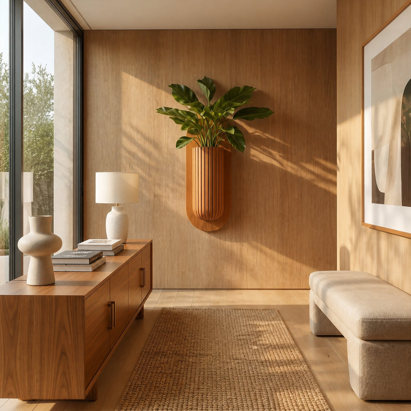 Minimalist Wood Wall Planter With Solid Wood Display Vessel For Plants - product view 6