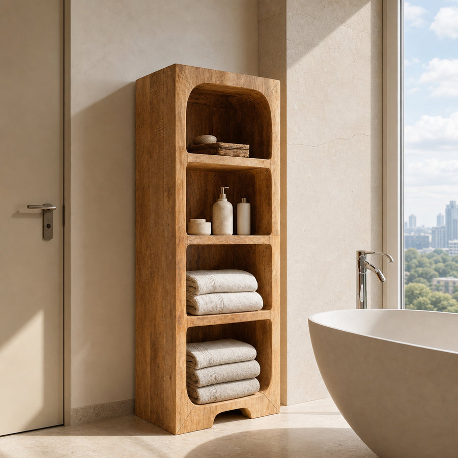 Minimalist Wooden Bathroom Cabinet With Four Tiers For Interior Decor