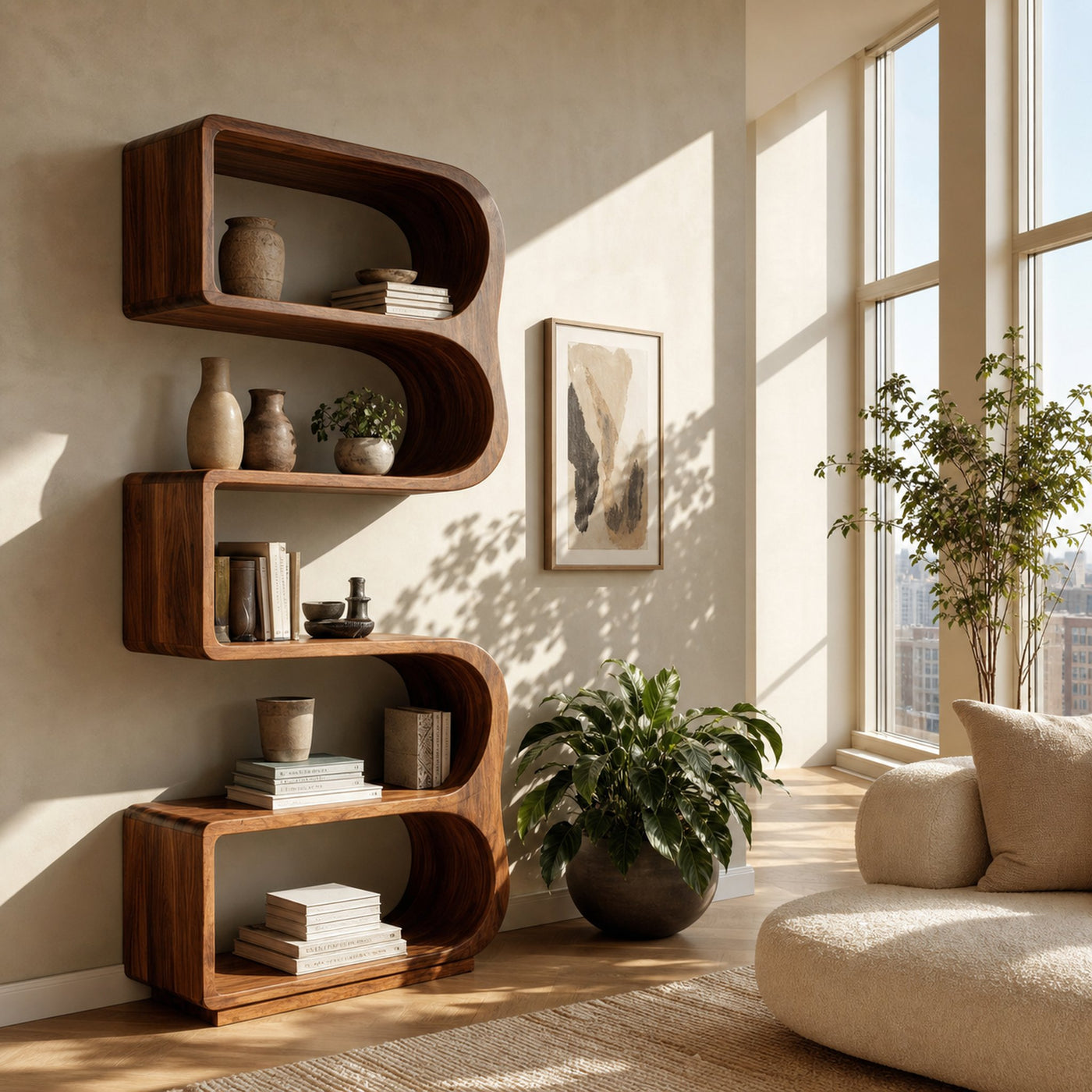 Minimalist Wooden Standing Shelf For Sunlit Living Room