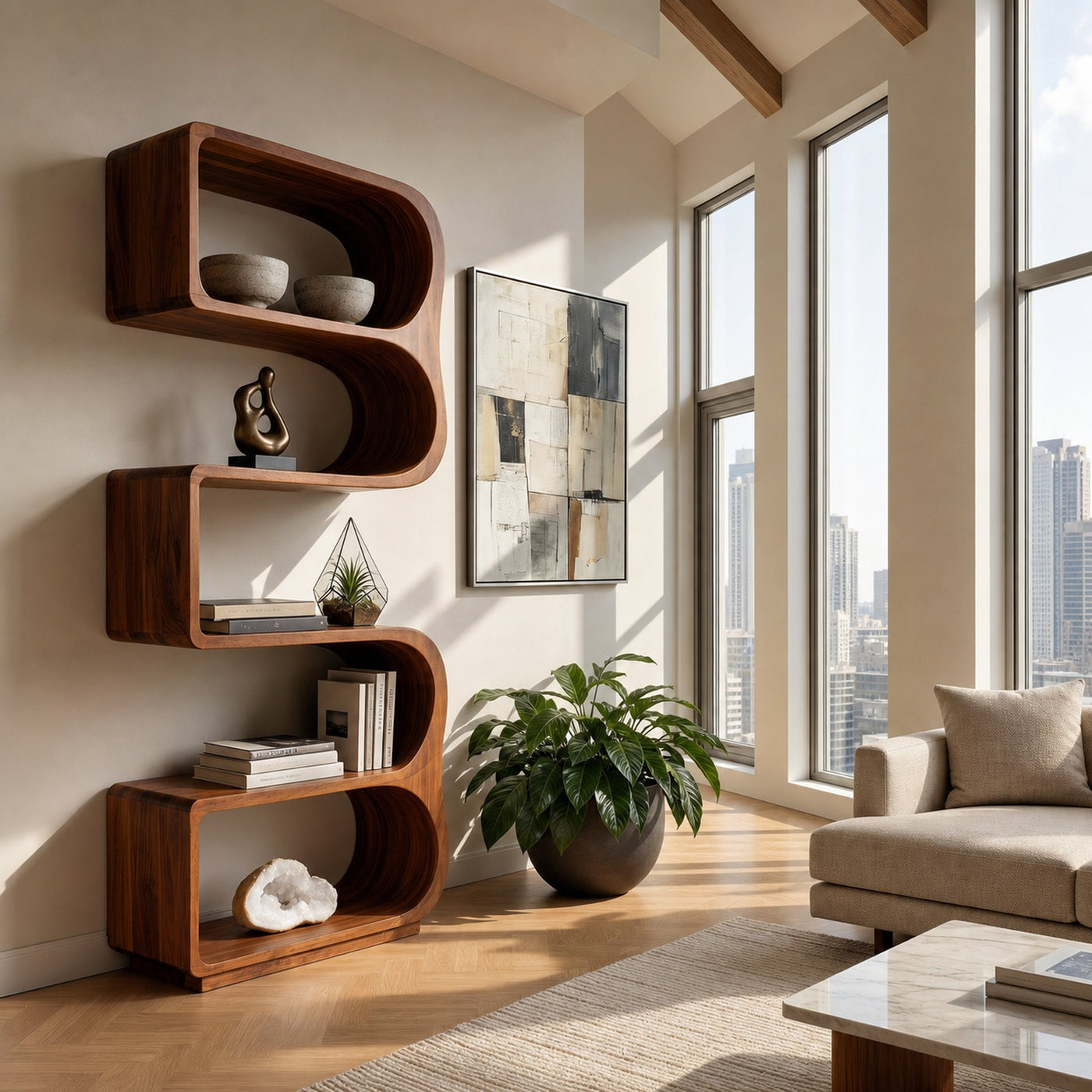 Minimalist Wooden Standing Shelf For Sunlit Living Room - product view 6