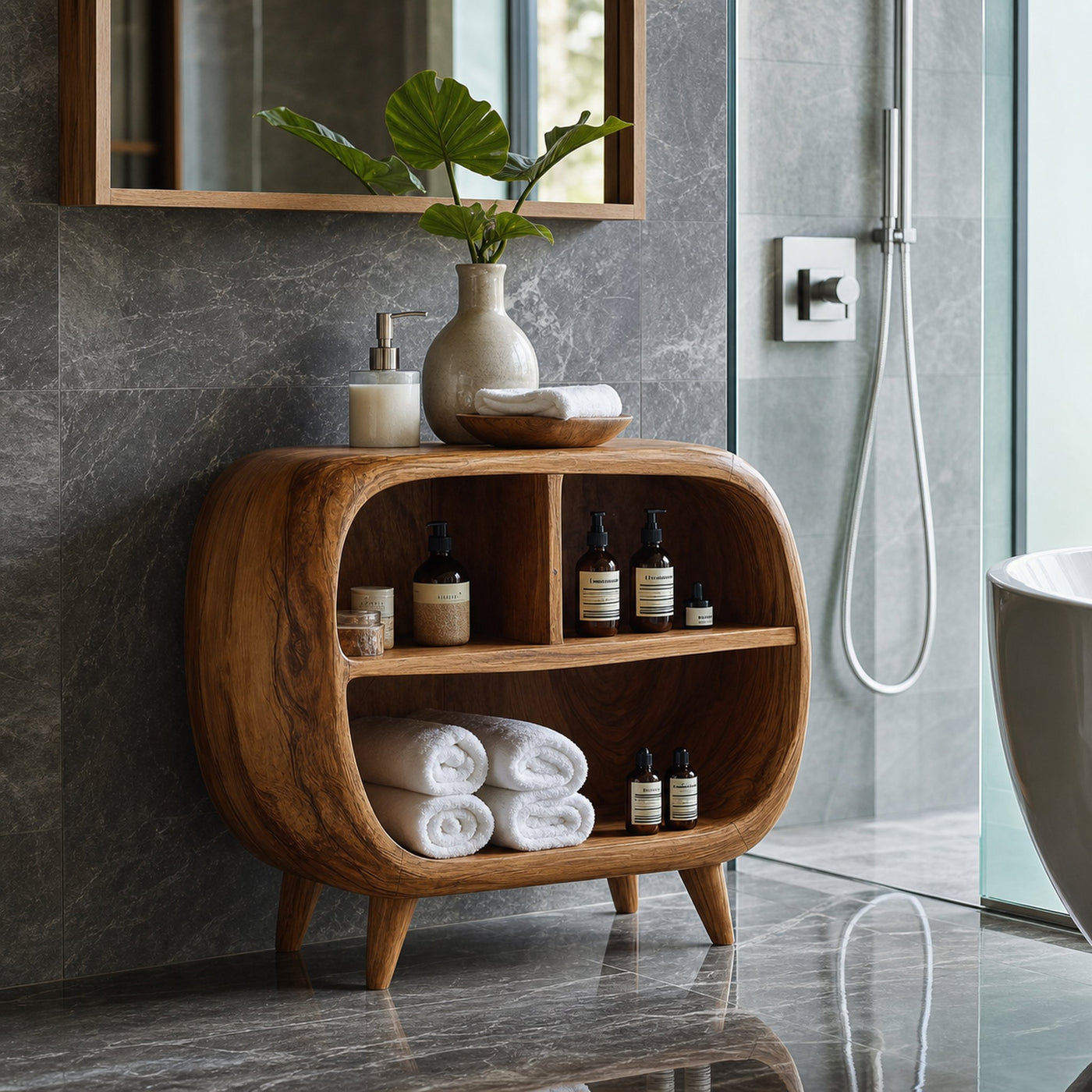 Modern Bathroom Cabinet With Curved Storage Design For Bathroom