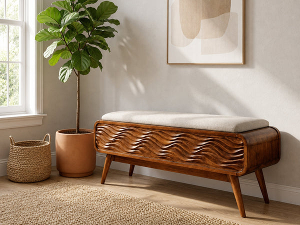 Modern Coastal Carved Storage Bench For Living Room