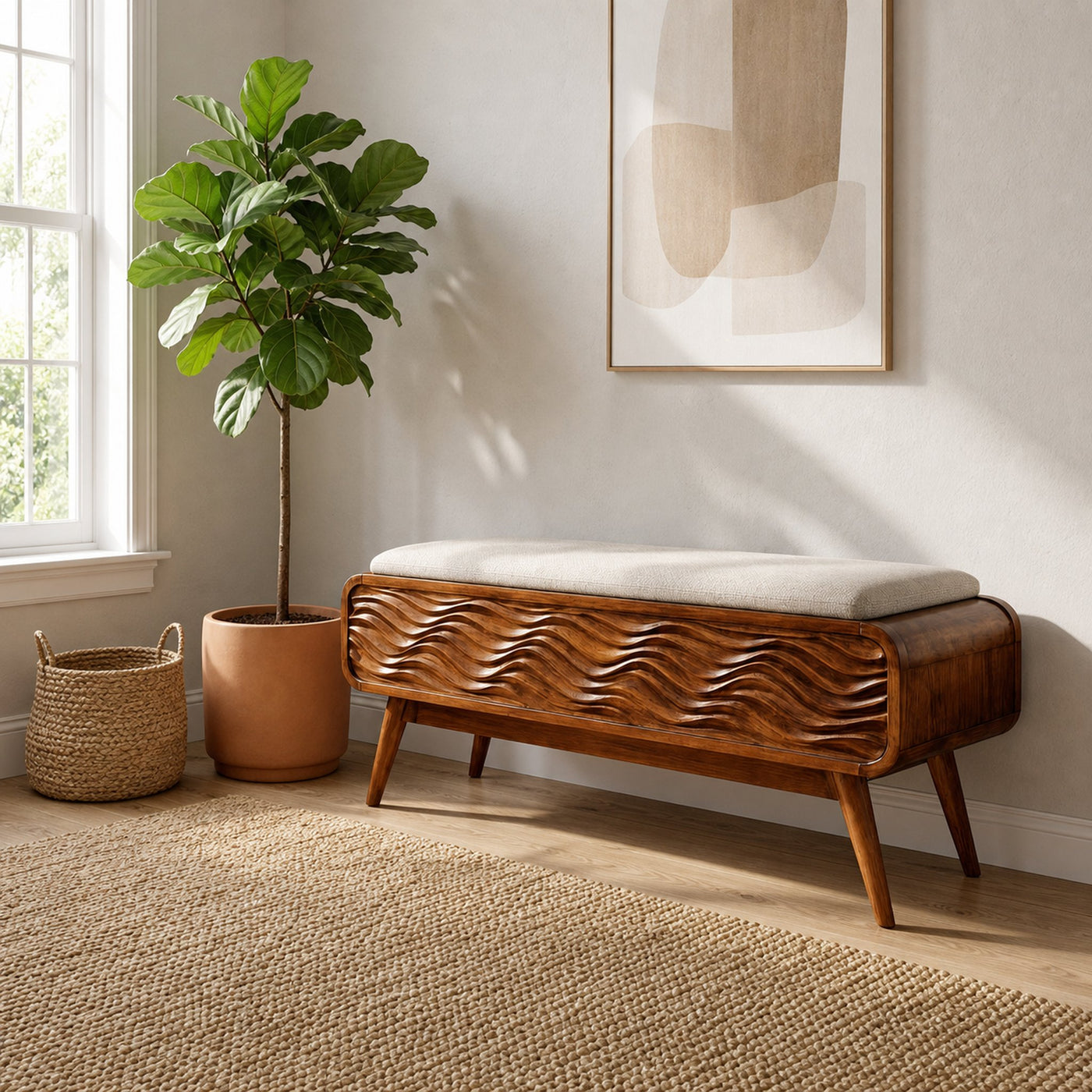 Modern Coastal Carved Storage Bench For Living Room