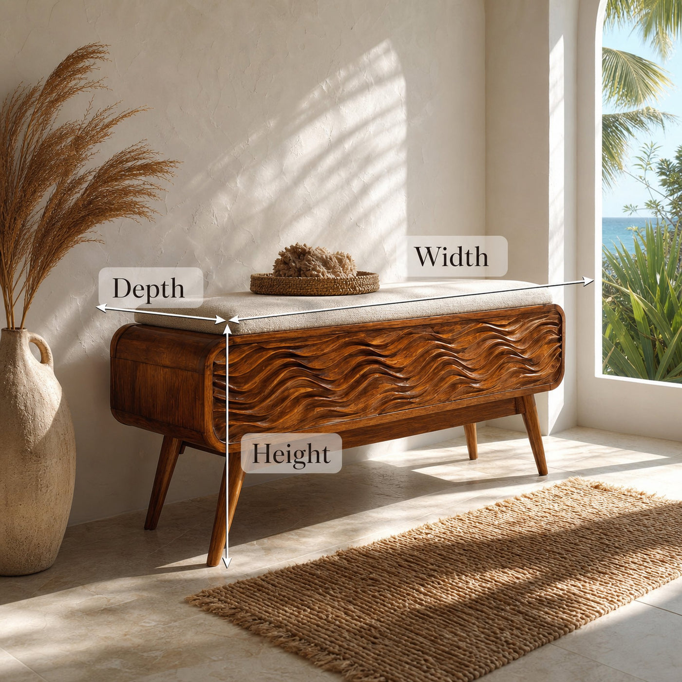 Modern Coastal Carved Storage Bench For Living Room - product view 7