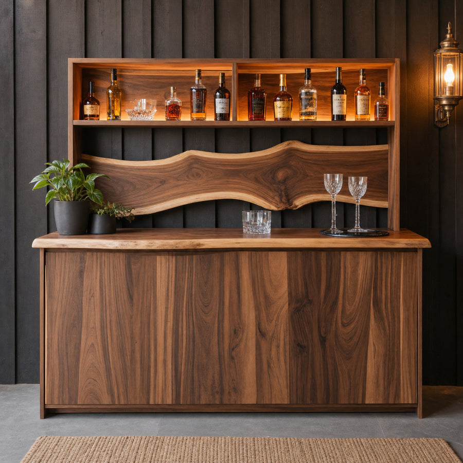 Modern Live Edge Indoor Bar Table With Wave Shelf For Home Lounge