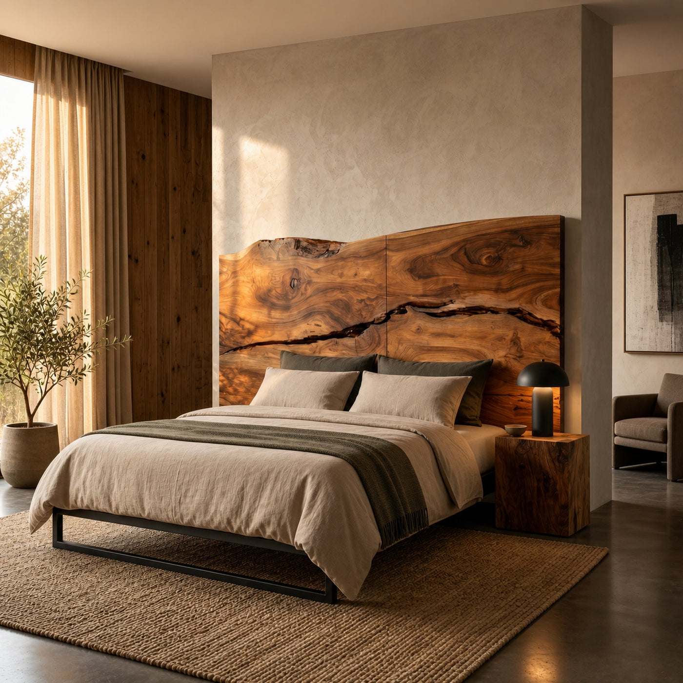 Modern Live Edge Wood Headboard For Warm Minimalist Bedroom
