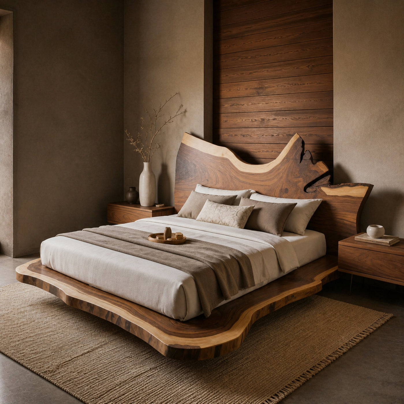 Modern Live Edge Wooden Headboard With Sculptural Design For Bedroom
