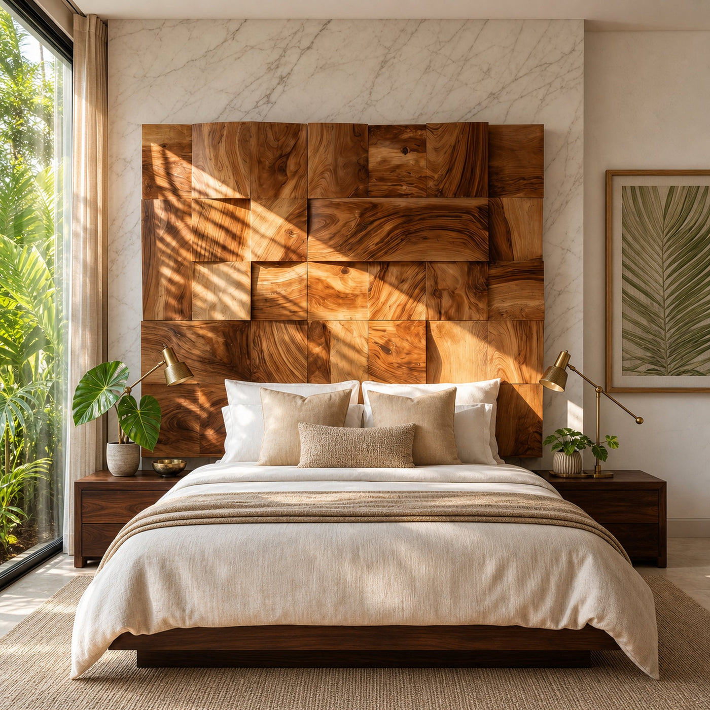 Modern Mosaic Wood Headboard For Luxury Tropical Bedroom Interior