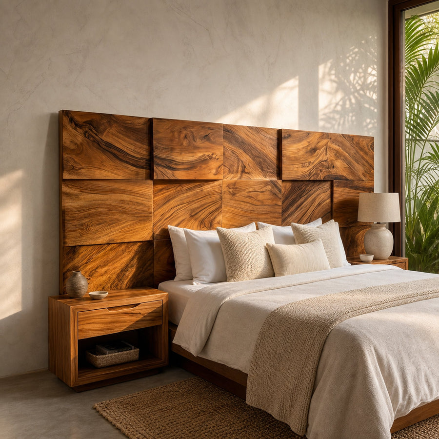 Modern Mosaic Wood Headboard For Neutral Bedroom