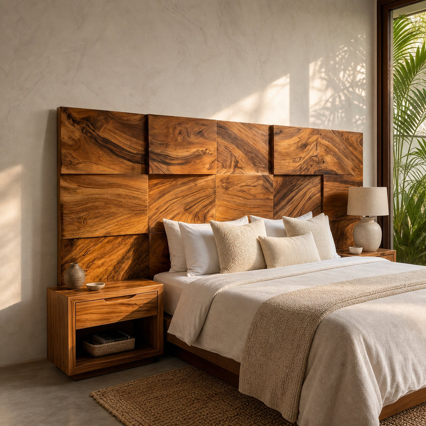 Modern Mosaic Wood Headboard For Neutral Bedroom