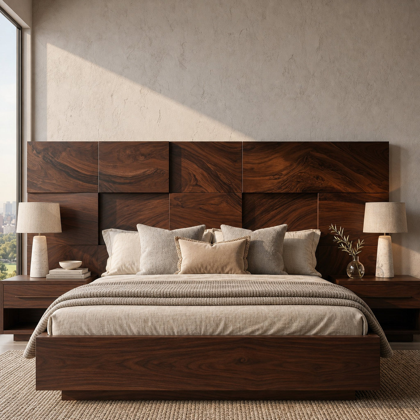 Modern Mosaic Wood Headboard For Neutral Bedroom - product view 7