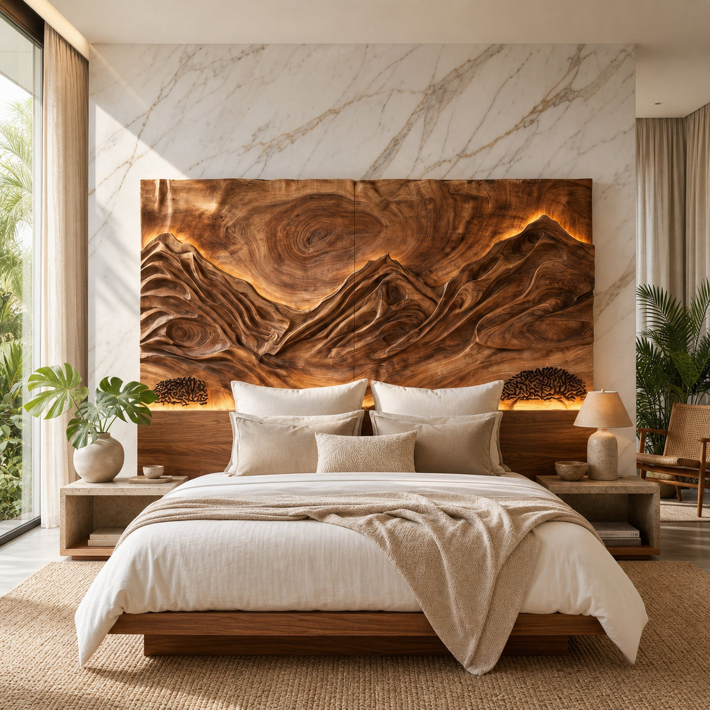 Modern Mountain Relief Wood Headboard For Marble Accent Bedroom