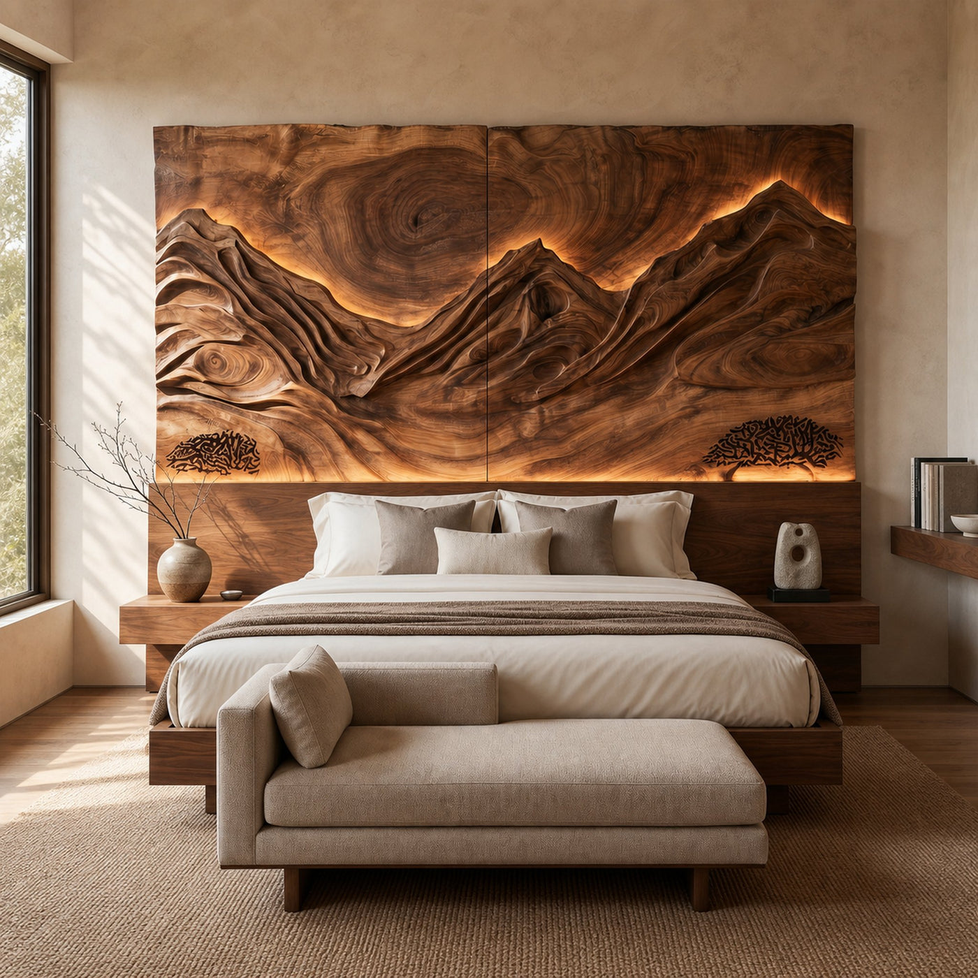 Modern Mountain Relief Wood Headboard For Marble Accent Bedroom - product view 6