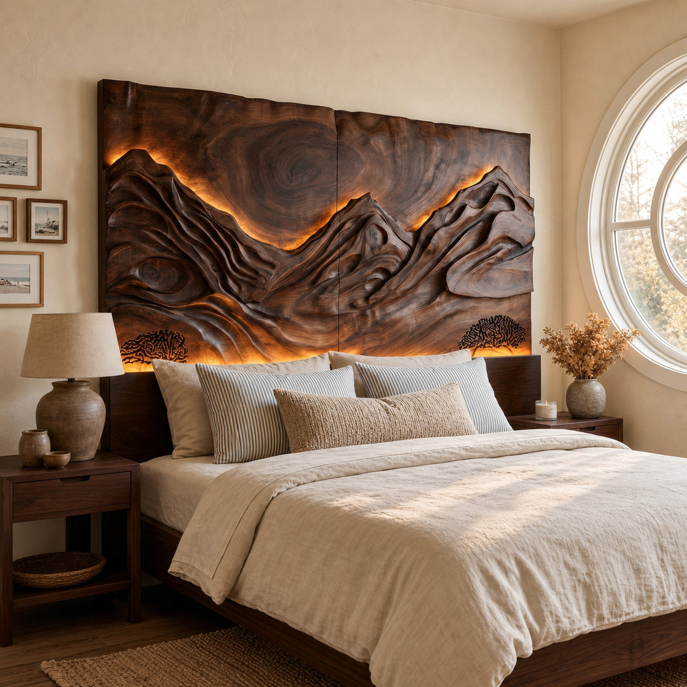 Modern Mountain Relief Wood Headboard For Marble Accent Bedroom - product view 7