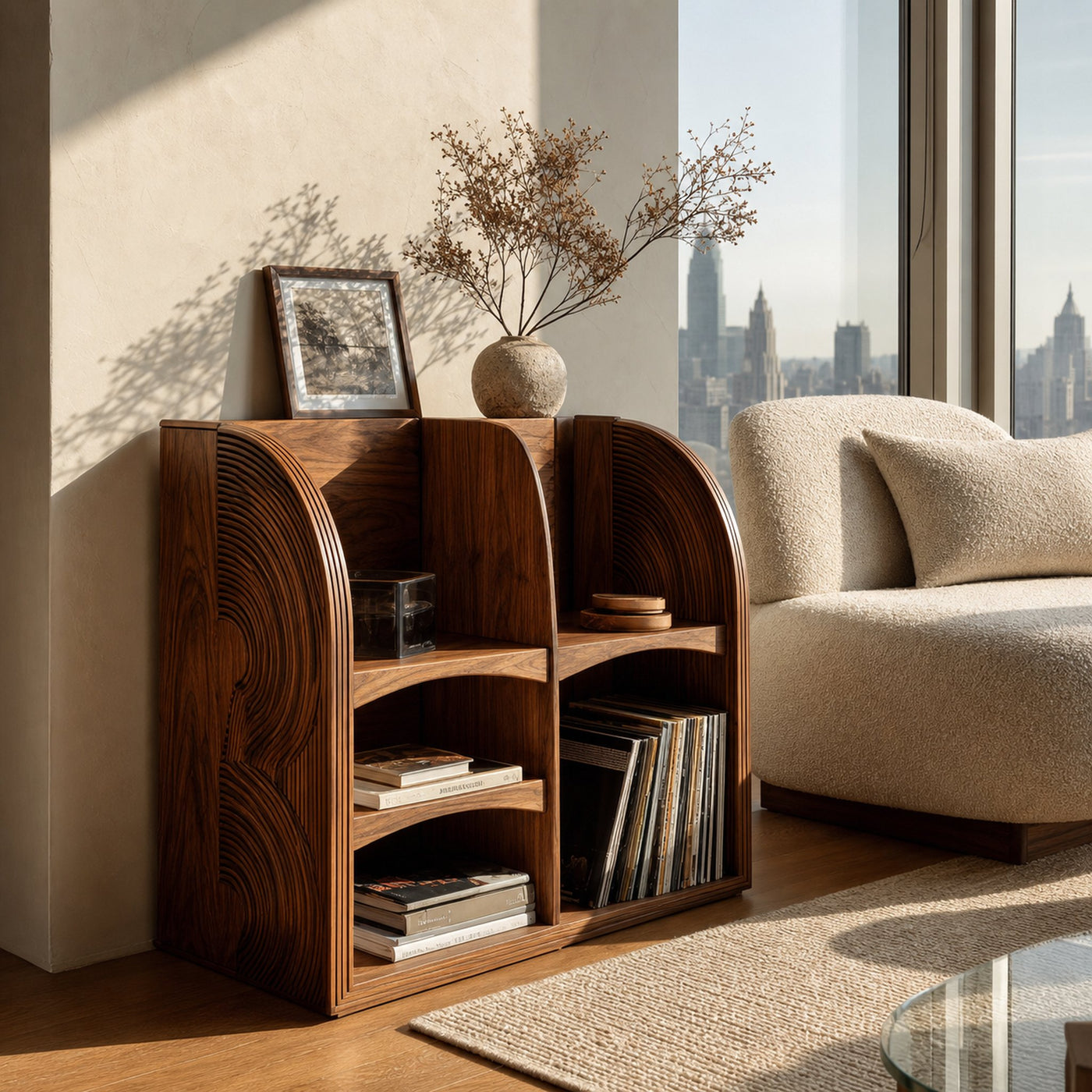 Modern Natural Wood Double-Arch Magazine Rack For Living Room