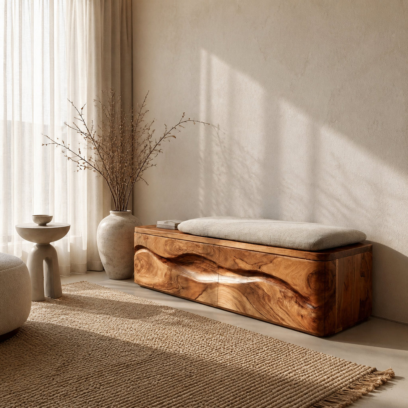Modern Natural Wood Storage Bench For End Of Bed